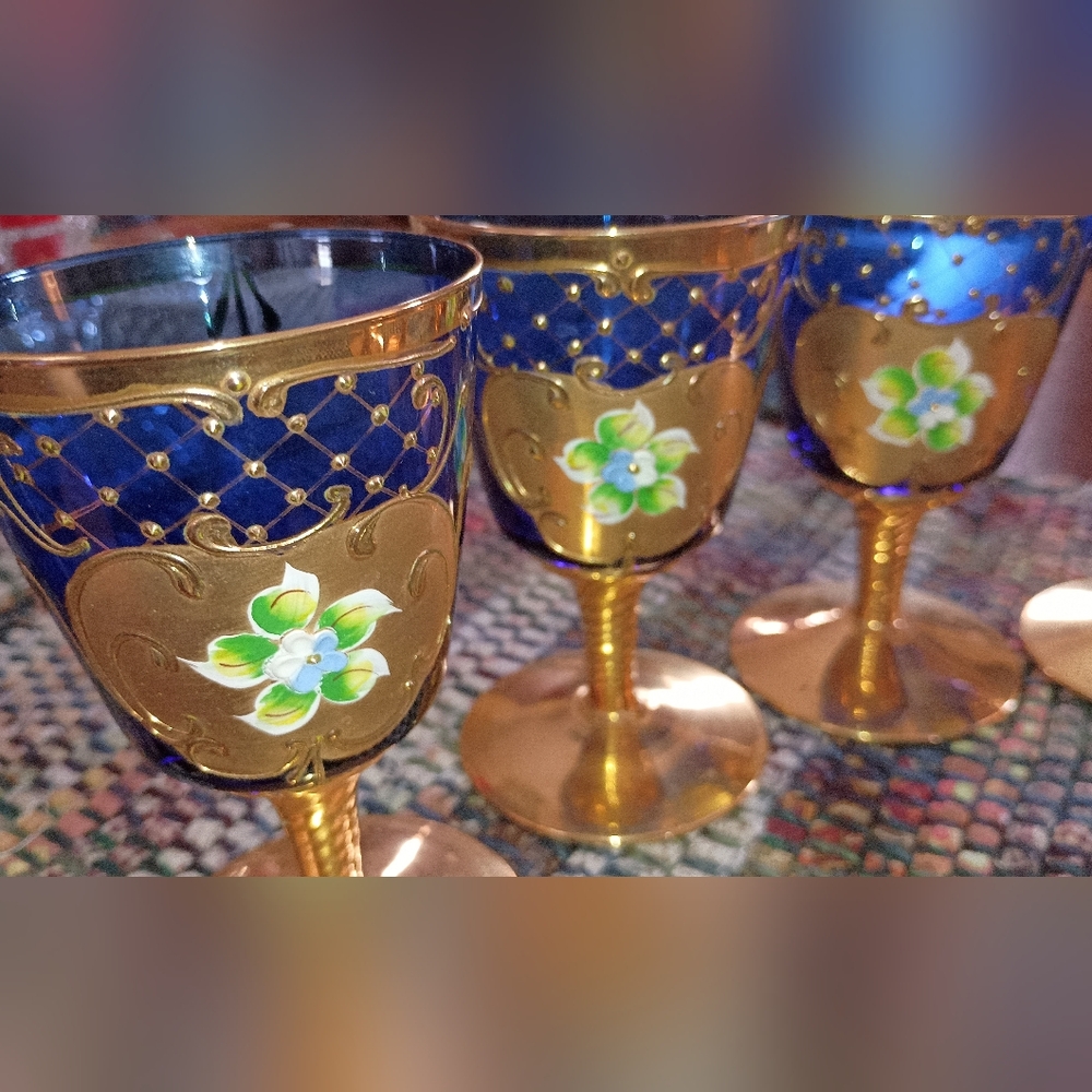 Sale! Elegant Vintage Bohemian Czech Cobalt Blue and Gold Goblets Set -6 - Picture 3 of 9